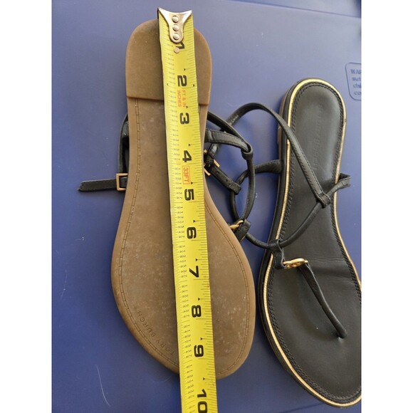Tory Burch Women's 7M Leather Black  Emmy T-strap Sandal Gold Logo Flat Shoe - Picture 4 of 11